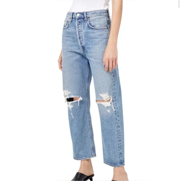 Agolde 90's Crop Mid Rise Jeans in Suspend Distressed Size 23 - Picture 2 of 7
